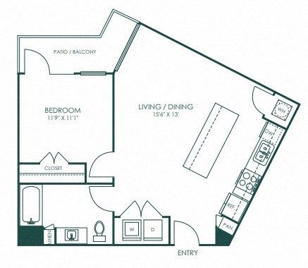 Floor plan for 1 bed, 1 bath, 704 sqft